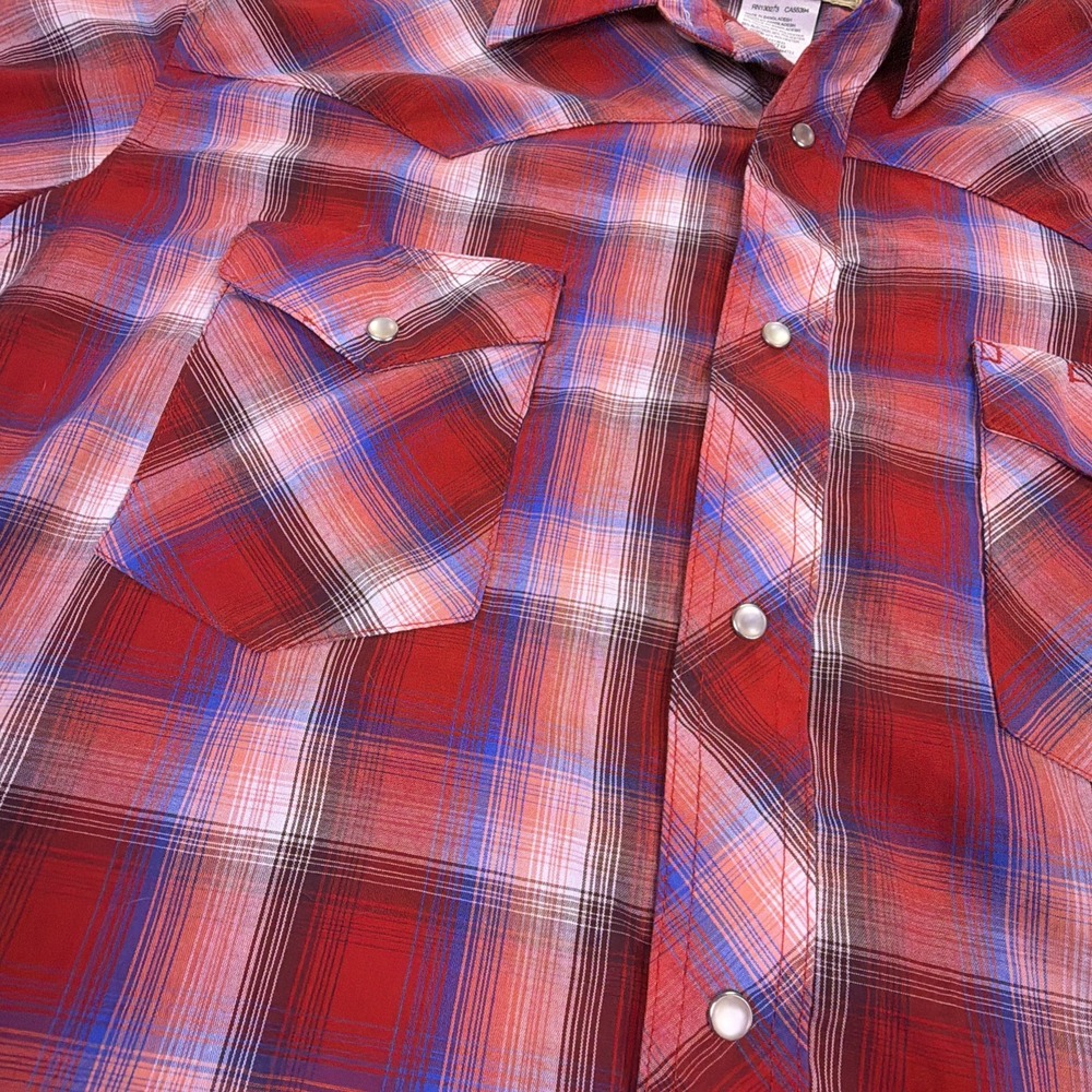 Wrangler Mens XL Red White & Blue Plaid Pearl Snaps Short Sleeve Button Up Shirt - Picture 4 of 8